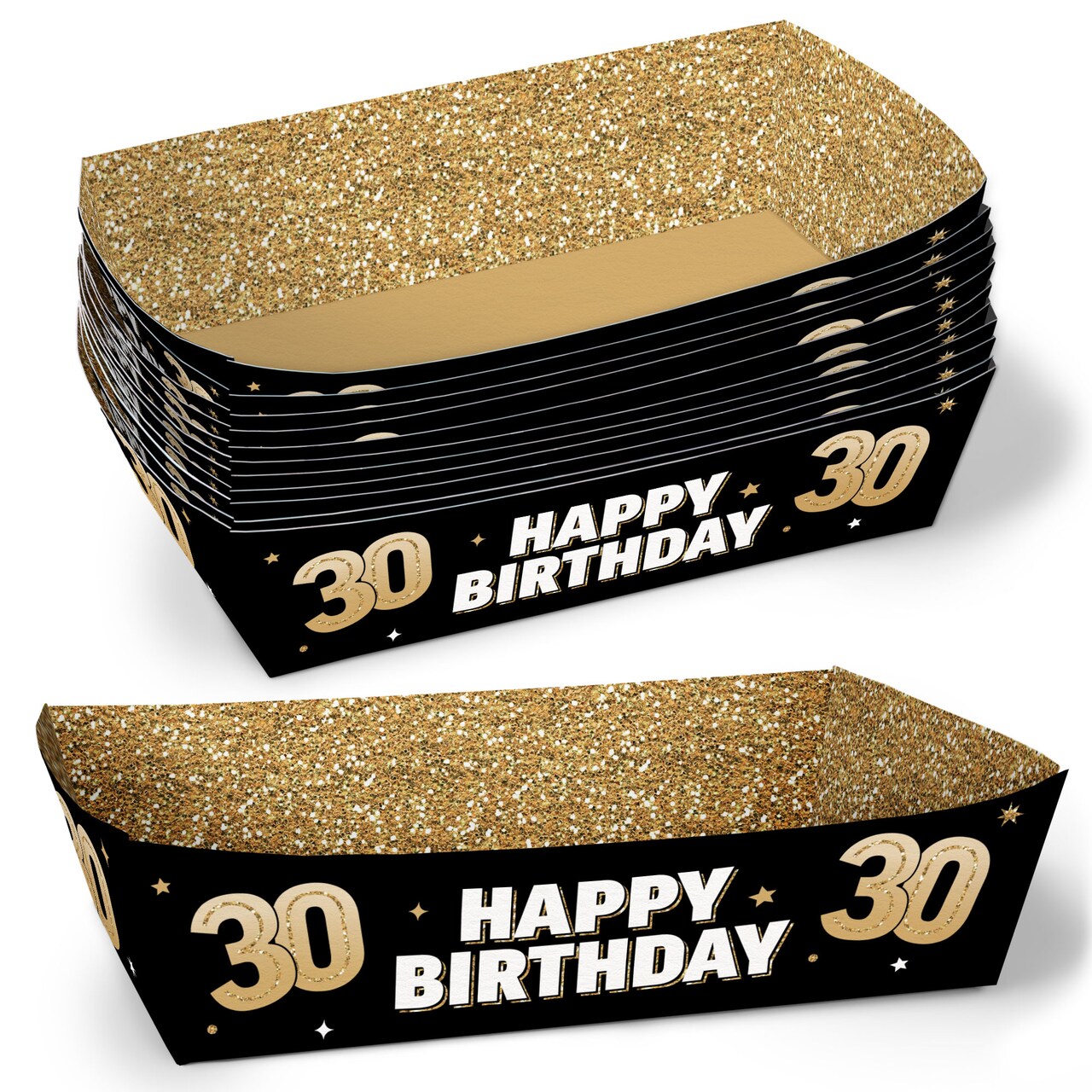 Big Dot of Happiness 30th Birthday Party Paper Food Trays, Disposable Food Boats, Black & Gold Picnic, BBQ, Double-Sided Paper Meal Holders - 12 Ct